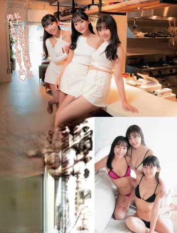 Three beautiul women as store managers in swimsuit bikinis015