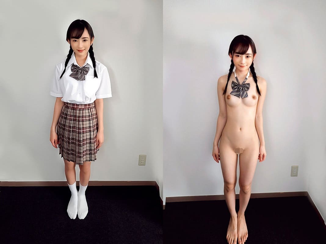 三つ編み女子校生が全裸直立